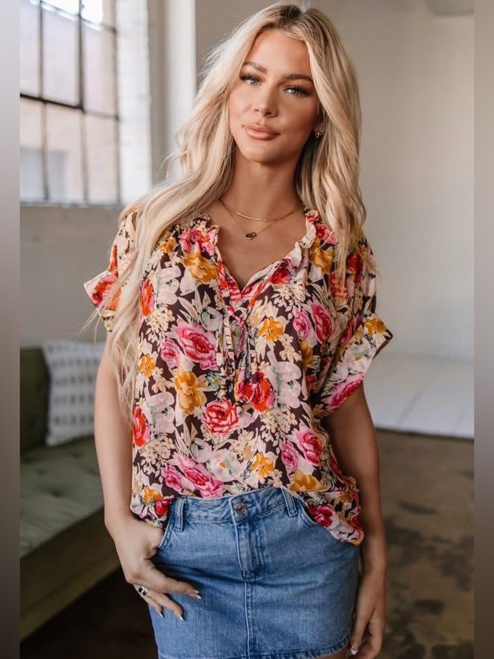 Floral Crew Neck Short Sleeve Shift Blouse - Pink & Yellow Floral